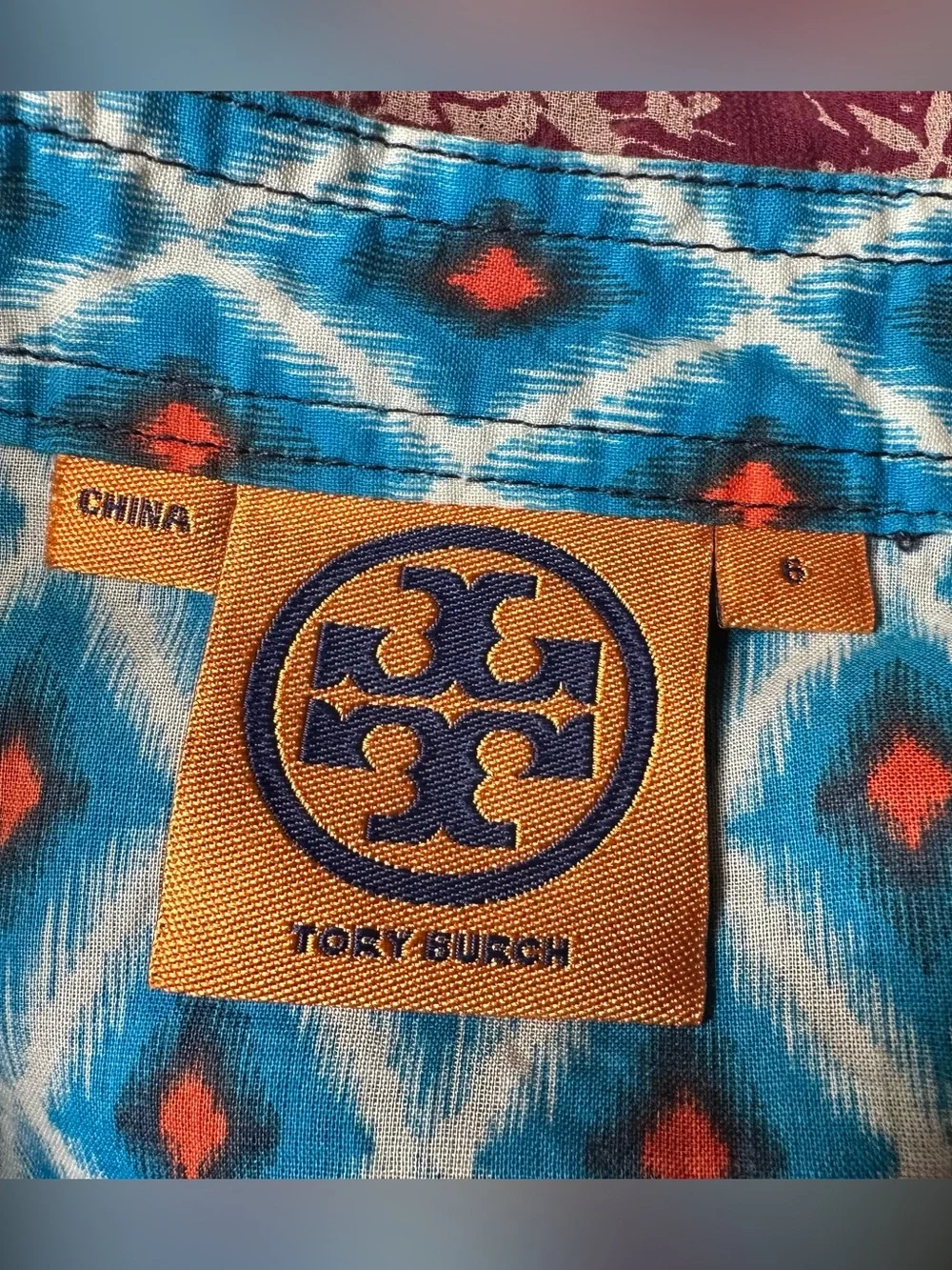 Tory Burch Blue Ikat Diamond Print Cotton Tunic Blouse 6 Long Sleeve Split neck